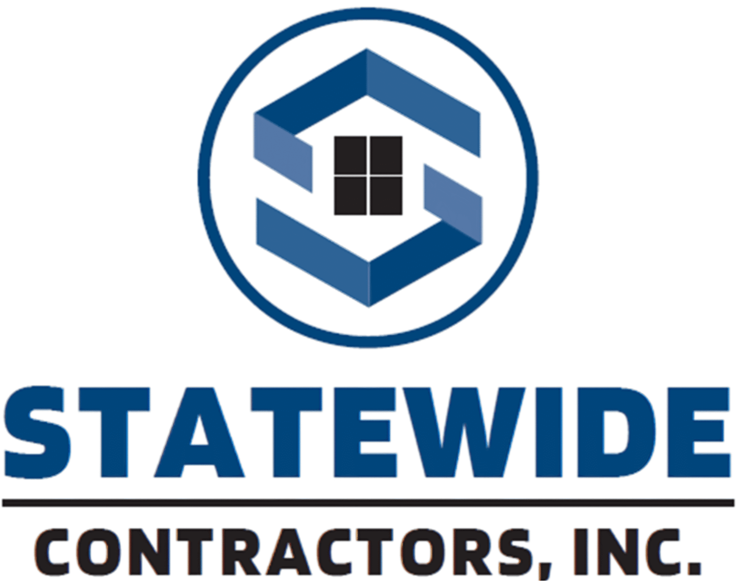 Logo for Statewide Contractors, Inc. featuring a blue geometric design with a window icon above the company name in bold blue and black text.